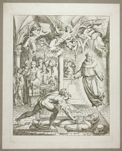 De strijd tussen de duivel en Franciscus van Assisi om de ziel van Guido da Montefeltro, plaat drie uit Darstellungen aus Dante