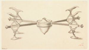 Ontwerp voor een schotelstandaard met uitschuifbare armen en een kleine spirituslamp door Joseph Anton Seethaler Ii