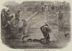 Hindoe baders in de rivier Jumna verrast door een slang door Joseph Austin Benwell