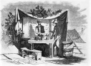 Kampscènes - een legerapotheek - de ziekenhuisbeheerder, naar een schets van onze speciale kunstenaar, Joseph Becker, uitgegeven 1864