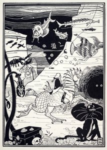 Er was een grote verscheidenheid aan hoge, nobele bomen, beladen met zeevruchten, zoals kreeften, krabben, oesters, uit De verrassende avonturen van Baron Munchausen, uitgegeven 1895