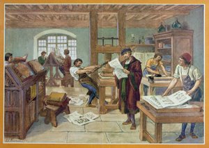 De uitvinding door Gutenberg van de boekdrukkunst met losse letters, illustratie uit 