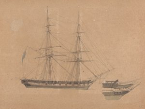 Zijaanzicht van enkele brig en boeg van een andere door Joseph Cartwright