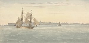 Enkele brik (?) Een ander zeilschip tegen de achtergrond van de stad door Joseph Cartwright
