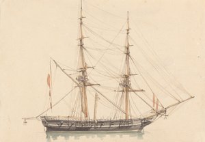 Enkele brigantijn, zeilen gestreken door Joseph Cartwright
