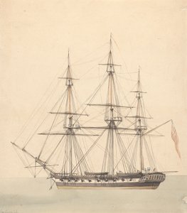 Enkele korvet (?) met drie figuren in marine-uniformen en Union Jack door Joseph Cartwright