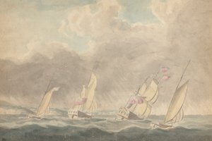 Twee oorlogssloepen, één bark en één schoener (?), achterstevoren in zware zeeën; verschillende zeilschepen op de achtergrond door Joseph Cartwright