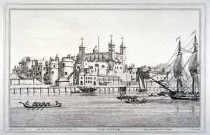 Zuidelijk uitzicht op de Tower of London met boten op de rivier de Theems, 1795 door Joseph Constantine Stadler