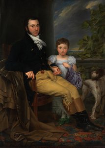 Portret van een prominente heer met zijn dochter en een jachthond