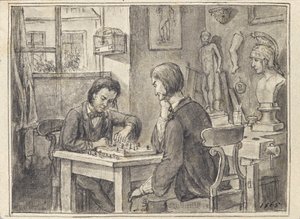 De Schaakspelers in het Beeldhouwersatelier door Joseph Eugen Hörwarter
