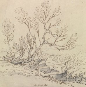 Voetbrug over een stroom bij een wilgenboom door Joseph Farington