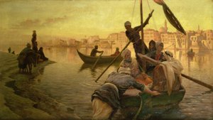 In Caïro: De Veerboot van het Eiland Gazirie op de Nijl of Boulach de Haven van Caïro door Joseph Farquharson