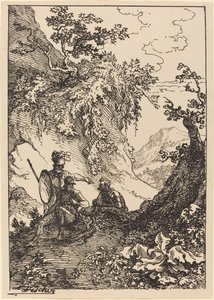 Landschap met mannen in harnas, boomstronk door Joseph Fischer