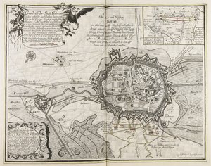 Schets van de stad Douay met het fort aan de Escarpe, ongeveer 800 roeden ervan verwijderd, ligt in het graafschap Vlaanderen, 7 mijl van Rissel, 6 van Dornik en 6 van Camerich, heeft een middelmatig baljuwschap en is bezaaid met vele mooie kerken, cl door Joseph Friedrich Leopold