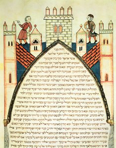 Een uitkijk geeft alarm, illustratie uit de Joodse Cervera Bijbel, 1299