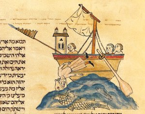 Jona wordt opgegeten door de walvis, uit een Hebreeuwse Bijbel, 1299