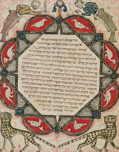 Pagina uit een Hebreeuwse Bijbel met vissen met mensenhoofden en wilde katten, 1299 door Joseph Ha Zarefati