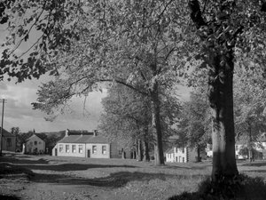 Bomen in blad en zicht op dorpsgebouwen door Joseph Hardman