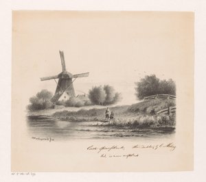 Landschap met molen en twee vissers