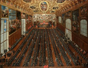 Het interieur van de Sala Maggior Consiglio, Dogenpaleis, Venetië, met de patriciërs die stemmen op een bulletin voor de verkiezing van nieuwe magistraten