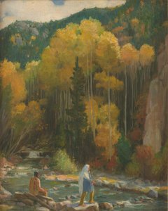 Indianen vissen, Taos Canyon door Joseph Henry Sharp