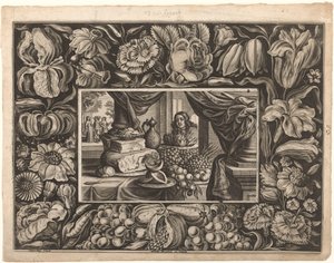 Stilleven van kaas en fruit met een ornamentrand