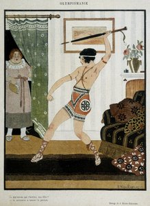 Jong meisje in antiek kostuum traint om speer te werpen met een paraplu. Fantasieposter die het enthousiasme van de Olympiaden illustreert. Tekening door J. Kuhn Regnier rond 1920.