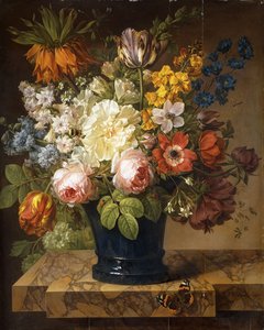 Bloemen in een vaas op een marmeren richel met een rode admiraal, een hommel, twee kevers en een libel, 1807