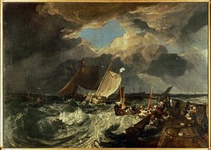 De pier van Calais, met Franse vissers die zich klaarmaken voor de zee: Een Engels pakket arriveert ... (schilderij op doek)