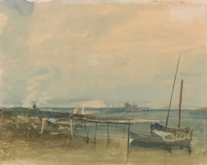 Kustscène met witte kliffen en boten aan de kust
