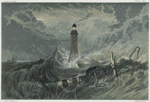Eddystone vuurtoren, gebouwd op de Eddystone rots door de Engelse civiel ingenieur John Smeaton van 1757-1759. Chromolithografie naar een schilderij van JMW Turner door Joseph Mallord William Turner