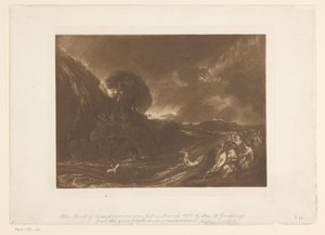 Stormachtig landschap met vloed en drenkelingen