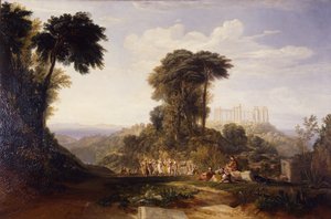 Uitzicht op de Tempel van Jupiter Panellenius, op het eiland Aegina, met de Griekse nationale dans van de Romaika: de Akropolis van Athene in de verte