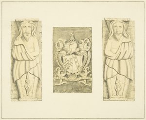 2 figuren en wapen van poort bij het Zwarte Kasteel, Brislington door Joseph Manning