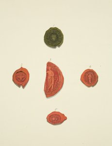 Vijf zegels van Robert Atwaller, onbekend zegel, Margaret Mewyrk, Priorin van St Mary Magdalen en John Vrell door Joseph Manning