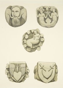 Vijf gewelfstenen in het plafond bij het binnengaan van de noorddeur van de kathedraal van Bristol door Joseph Manning