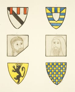 Vier wapenschilden en twee hoofden in glas-in-loodramen ten noorden en zuiden van het koor in de kathedraal van Bristol door Joseph Manning