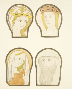 Vier hoofden in glas-in-loodramen ten zuiden van het koor in de kathedraal van Bristol door Joseph Manning