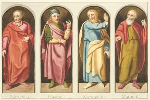 Vier kleine profeten geschilderd aan de westkant van het scherm dat het schip van het koor van de kathedraal van Bristol scheidt door Joseph Manning