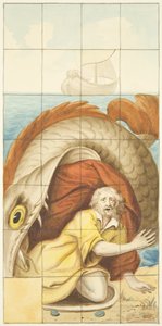 Glas-in-loodraam aan de oostkant van de noordbeuk van de kathedraal van Bristol met Jona en de Walvis door Joseph Manning