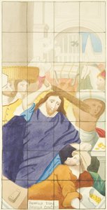 Glas-in-loodraam aan het oostelijke uiteinde van de zuidelijke zijbeuk van de kathedraal van Bristol met kopers en verkopers in de tempel door Joseph Manning