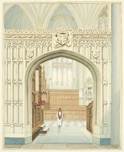 Het koor vanuit het zuidelijke gangpad van de kathedraal van Bristol door Joseph Manning