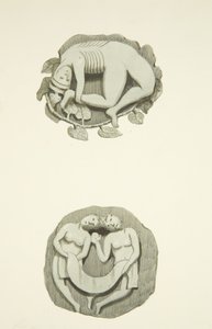 Twee gewelfstenen in het plafond bij de noorddeur van de Bristol Cathedral door Joseph Manning