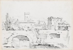 Een Italiaanse stad met een stenen brug en een waterval
