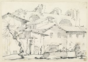 Huizen aan de noordkant van het Forum met de basiliek van Maxentius daarachter