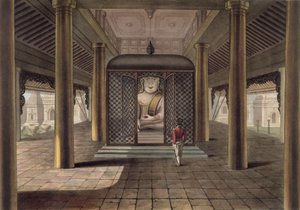 Een soldaat staand in een tempel in Rangoon, gegraveerd door George Hunt, 1825 door Joseph Moore