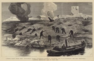 Het bombardement van Alexandrië, landingspartij van HMS Invincible, onder luitenant Barton R. Bradford en vlag-luitenant de eerbiedwaardige Hedworth Lambton die kanonnen vernietigen bij Fort Mex