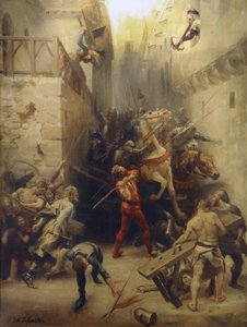 De zak van Beziers in 1209: De inwoners van Beziers proberen de binnenkomst van de soldaten van het Franse leger in de stad te voorkomen door Joseph Noel Sylvestre