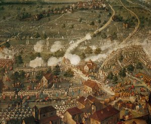 Spaanse Successieoorlog: Keizerlijke troepen onder leiding van prins Eugene van Savoye verpletteren Franse troepen in de slag bij Malplaquet ... door Joseph Parrocel