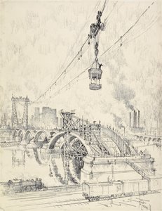 De brug bouwen, Minneapolis, 1915 door Joseph Pennell